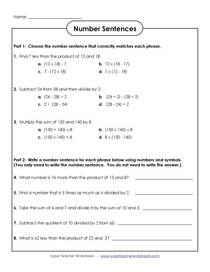 Using Parentheses to Write Number Sentences (Printable PDF Worksheet)