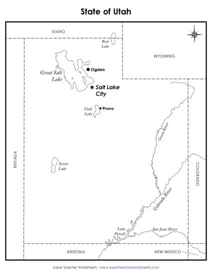Maps - Utah State Map (Labeled) (Printable PDF Worksheet)