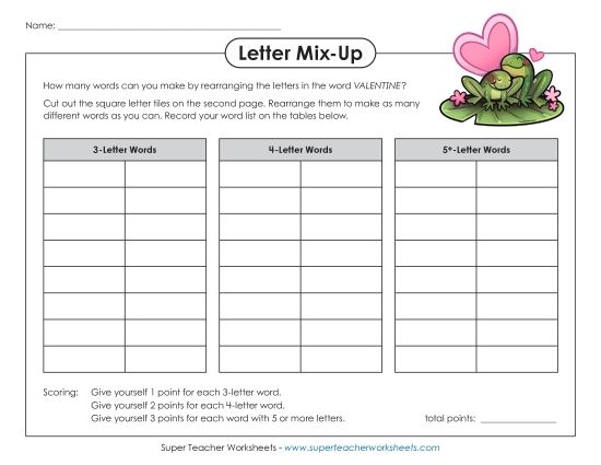 Valentine Crafts & Activities - Valentine Letter Mix (Intermediate) (Printable PDF Worksheet)