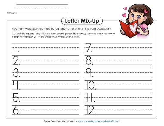 Valentine Crafts & Activities - Valentine Letter Mix (Primary) (Printable PDF Worksheet)