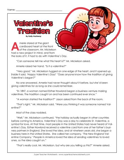 Reading Comprehension - Valentine Tradition (Fiction) (Printable PDF Worksheet)