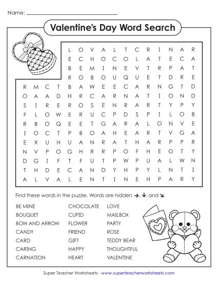 Valentine's Day Puzzles - Valentine's Day Wordsearch Puzzle (Printable PDF Worksheet)