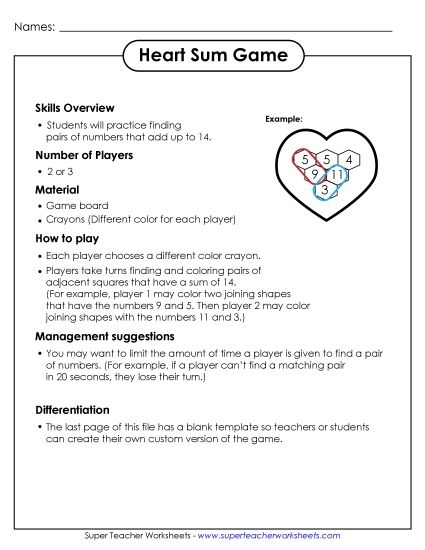 Holiday Sum Game - Valentine's Day Addition Sum Game (Printable PDF Worksheet)