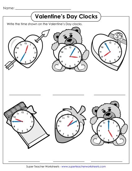 Other Math Worksheets - Valentine's Day Clocks - Nearest 5 Minutes (Printable PDF Worksheet)
