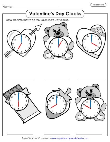 Other Math Worksheets - Valentine's Day Clocks - Nearest Hour (Printable PDF Worksheet)