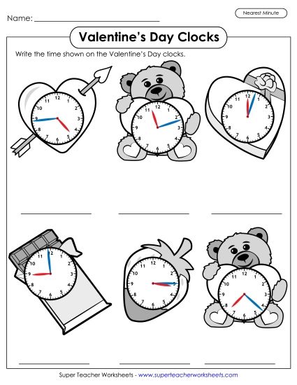 Other Math Worksheets - Valentine's Day Clocks - Nearest Minute (Printable PDF Worksheet)