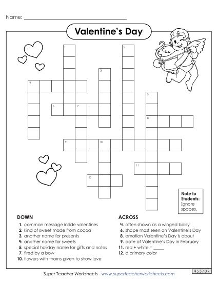 Valentine's Day Puzzles - Valentine's Day Crossword (Printable PDF Worksheet)