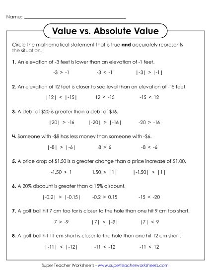 Absolute Value in Context - Value v. Absolute Value (Printable PDF Worksheet)