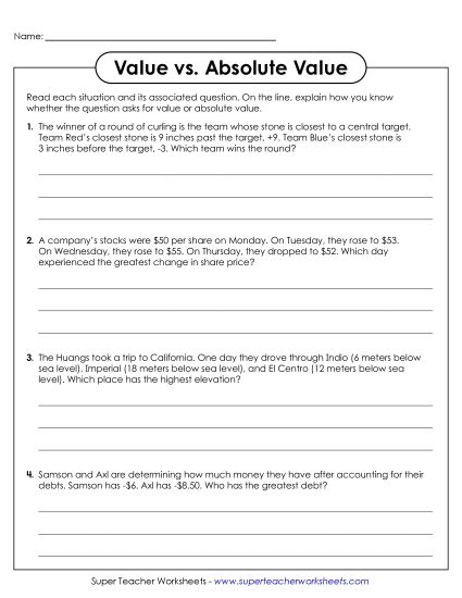 Absolute Value in Context - Value v. Absolute Value Questions (Printable PDF Worksheet)