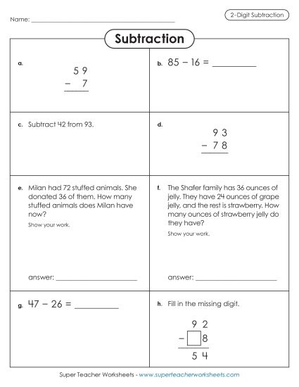 2-Digit Subtraction Worksheets - Variety Worksheet: 2-Digit Subtraction (Printable PDF Worksheet)