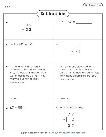 Subtraction Worksheets (No Borrowing) - Variety Worksheet: 2-Digit Subtraction w/ No Regrouping (Printable PDF Worksheet)