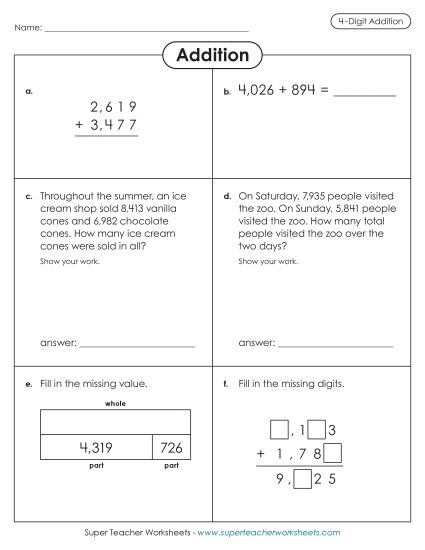 4-Digit Addition - Variety Worksheet: 4-Digit Addition (Printable PDF Worksheet)