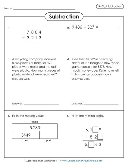 4-Digit Subtraction Worksheets - Variety Worksheet: 4-Digit Subtraction (Printable PDF Worksheet)