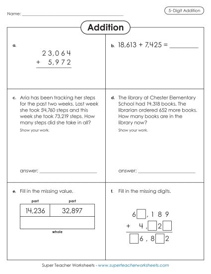 5-Digit Addition - Variety Worksheet: 5-Digit Addition (Printable PDF Worksheet)