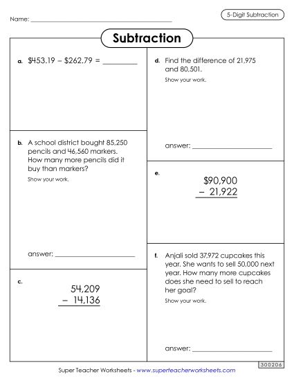 Worksheets - Variety Worksheet (5-Digit Subtraction) (Printable PDF Worksheet)