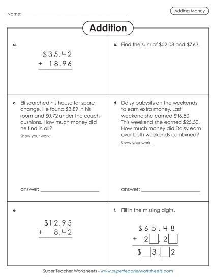 Adding Money - Variety Worksheet: Adding Money (Printable PDF Worksheet)