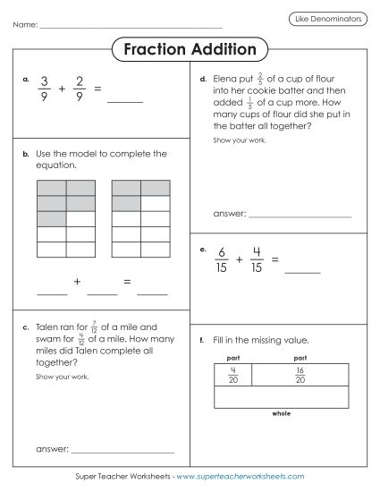 Adding Fractions: Same Denominator - Variety Worksheet: Fraction Addition (Like Denominators) (Printable PDF Worksheet)