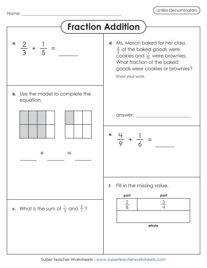 Adding Fractions: Different Denominators - Variety Worksheet: Fraction Addition (Unlike Denominators) (Printable PDF Worksheet)