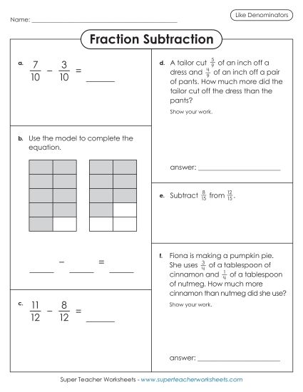 Subtracting Fractions: Same Denominator - Variety Worksheet: Fraction Subtraction (Like Denominators) (Printable PDF Worksheet)
