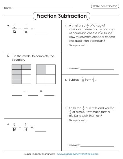 Subtracting Fractions: Different Denominators - Variety Worksheet: Fraction Subtraction (Unlike Denominators) (Printable PDF Worksheet)