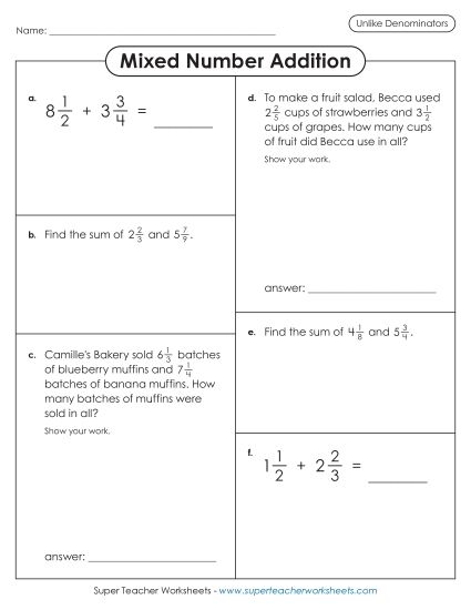 Adding and Subtracting Mixed Numbers - Variety Worksheet: Mixed Number Addition (Different Denominators) (Printable PDF Worksheet)