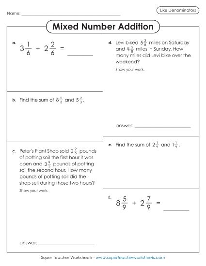 Adding and Subtracting Mixed Numbers - Variety Worksheet: Mixed Number Addition (Same Denominators) (Printable PDF Worksheet)