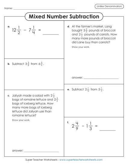 Adding and Subtracting Mixed Numbers - Variety Worksheet: Mixed Number Subtraction (Different Denominators) (Printable PDF Worksheet)