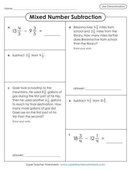 Adding and Subtracting Mixed Numbers - Variety Worksheet: Mixed Number Subtraction (Same Denominators) (Printable PDF Worksheet)