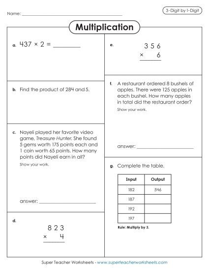 3-Digit Times 1-Digit Printables - Variety Worksheet (Printable PDF Worksheet)