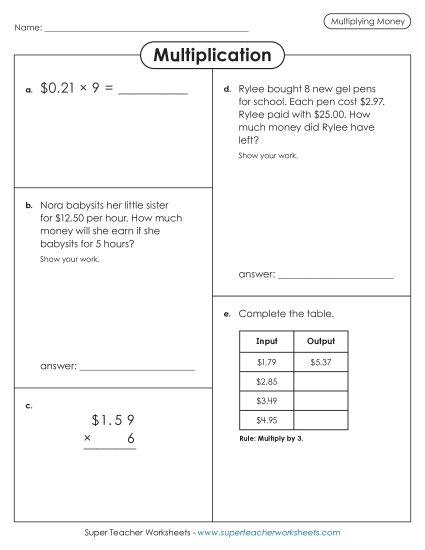 Money Times 1-Digit Worksheets - Variety Worksheet (Printable PDF Worksheet)