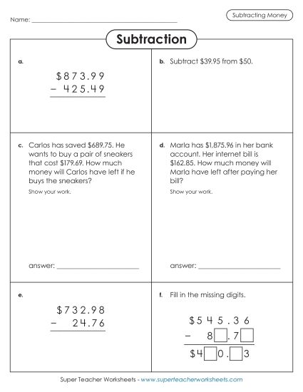 Subtracting Money Worksheets - Variety Worksheet: Subtracting Money (Printable PDF Worksheet)