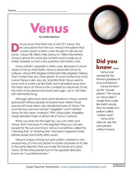 Articles with Questions - Venus Article & Questions (Printable PDF Worksheet)