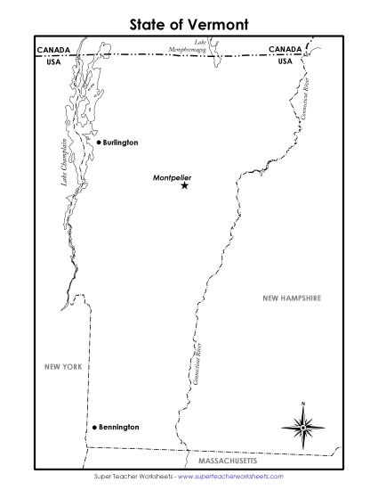 Maps - Vermont State Map (Labeled) (Printable PDF Worksheet)