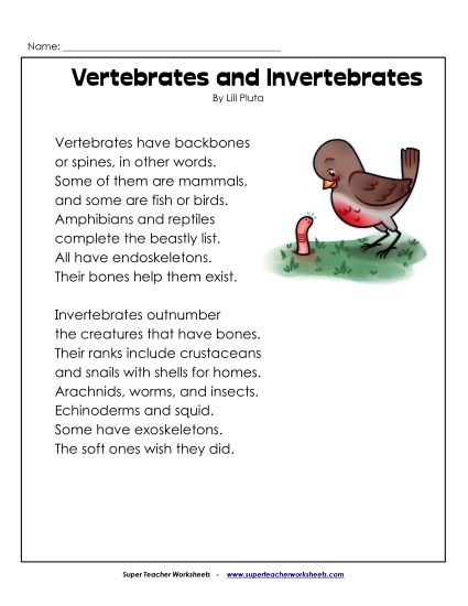 Poem - Vertebrates Vs. Invertebrates (Poem)  (Printable PDF Worksheet)