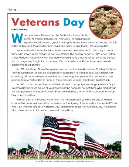 Reading Comprehension - Veterans Day Article (Printable PDF Worksheet)