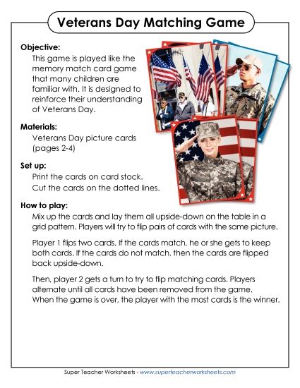 Activities - Veterans Day Memory Match Game (Printable PDF Worksheet)