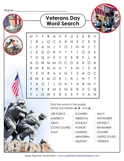 Activities - Veterans Day Word Search (Printable PDF Worksheet)