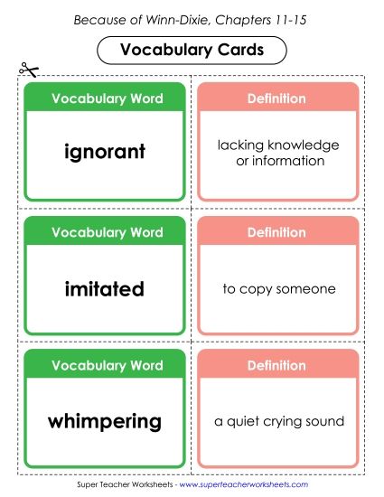 Chapters 11-15 - Vocab. Cards for Chapters 11-15 (Printable PDF Worksheet)