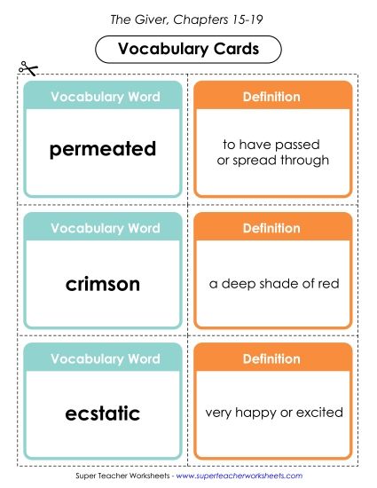 Chapters 15-19 - Vocab. Cards for Chapters 15-19 (Printable PDF Worksheet)