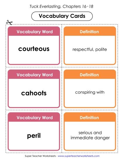 Chapters 16 through 18 - Vocab. Cards for Chapters 16-18 (Printable PDF Worksheet)