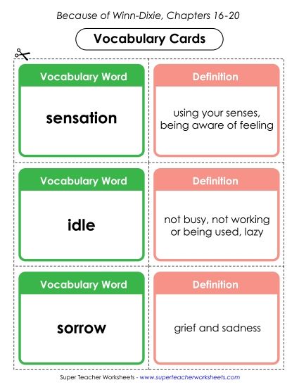 Chapters 16-20 - Vocab. Cards for Chapters 16-20 (Printable PDF Worksheet)