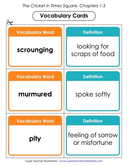 Chapters 1 - 3 - Vocabulary Cards: Chapters 1 - 3 (Printable PDF Worksheet)