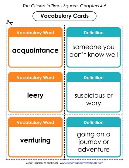 Chapters 4 - 6 - Vocabulary Cards: Chapters 4 - 6 (Printable PDF Worksheet)