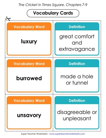 Chapters 7 - 9 - Vocabulary Cards: Chapters 7 - 9 (Printable PDF Worksheet)