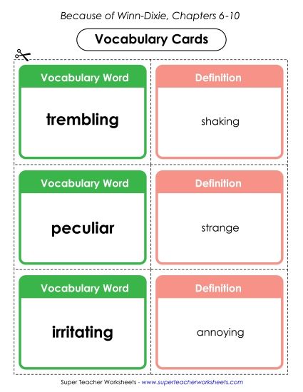 Chapters 6-10 - Vocabulary Cards for Chapters 6-10 (Printable PDF Worksheet)