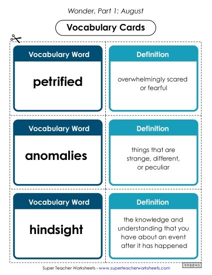 Part 1 - August - Vocabulary Cards for Part 1 (Printable PDF Worksheet)