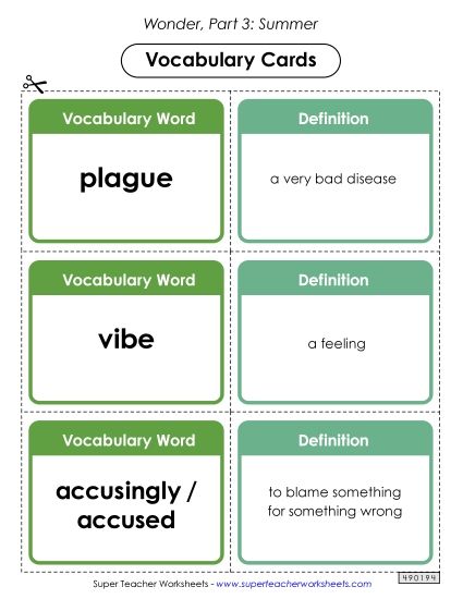 Part 3 - Summer - Vocabulary Cards for Part 3 (Printable PDF Worksheet)