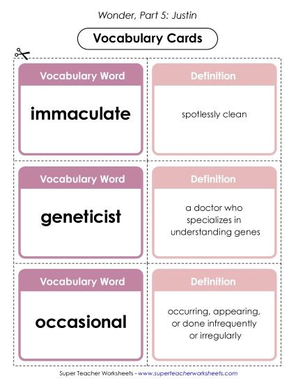 Part 5 - Justin - Vocabulary Cards for Part 5 (Printable PDF Worksheet)