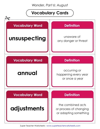 Part 6 - August - Vocabulary Cards for Part 6 (Printable PDF Worksheet)