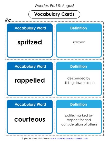 Part 8 - August  - Vocabulary Cards for Part 8 (Printable PDF Worksheet)